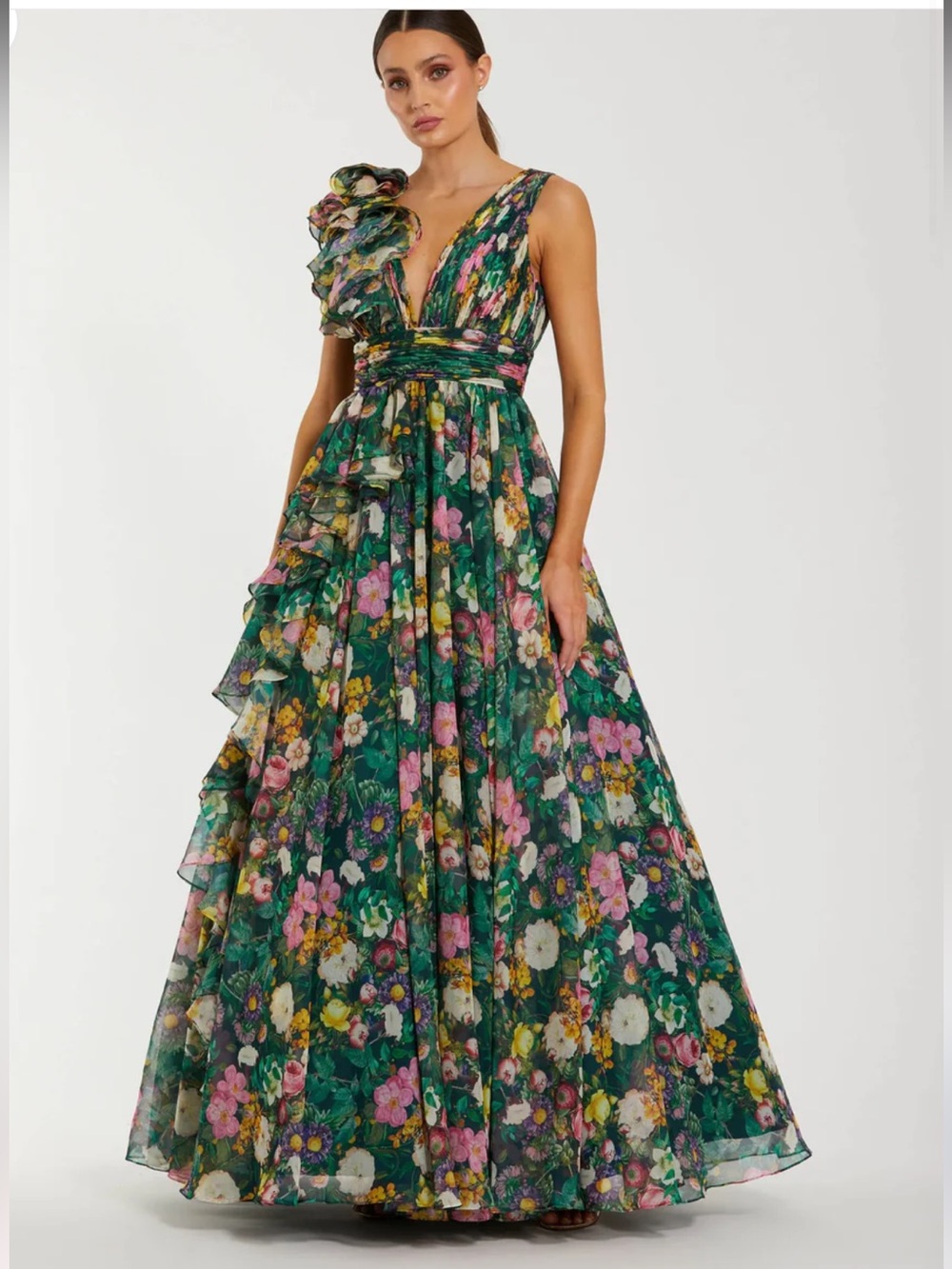NWT Mac Duggal Floral Green Chiffon Ruffle 68947 V Neck Ball Gown 10